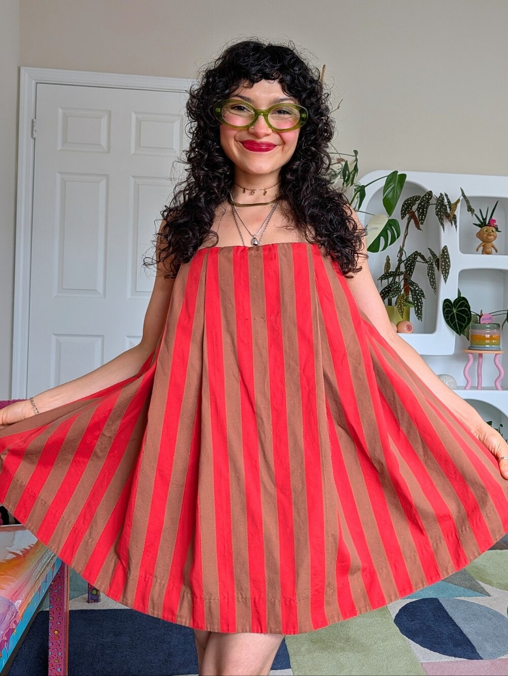 Boyko red and brown vertical striped mini dress